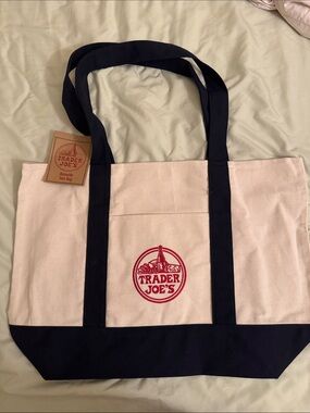 Trader Joe's Pink and Navy Canvas Tote Bag
